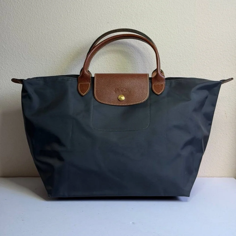 Longchamp Le Pliage Grey Nylon Tote Bag Short Handles - Picture 1 of 12